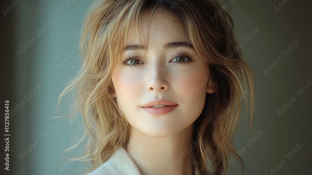 Smiling Middle-Aged Woman in a Serene Indoor Beauty Portrait with Natural Light Smiling Middle-Aged Woman in a Serene Indoor Beauty Portrait with Natural Light