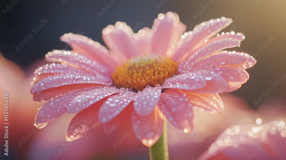 Pink Daisy Flower Dew Drops Morning Sunlight Pink Daisy Flower Dew Drops Morning Sunlight