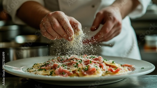 Chef Sprinkling Cheese Over Freshly Made Pasta Dish in Kitchen
