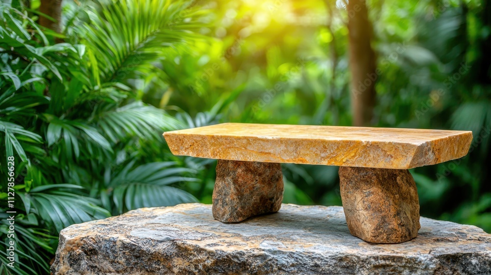 A beautifully crafted stone table sits empty in the lush, verdant jungle, exuding a sense of tranquility and elegance against the vibrant green foliage in the background.