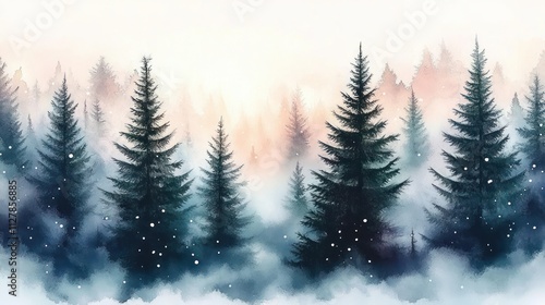 Winter Forest Watercolor Illustration Soft Light Spruce Pine Trees Snowflakes Nature Landscape