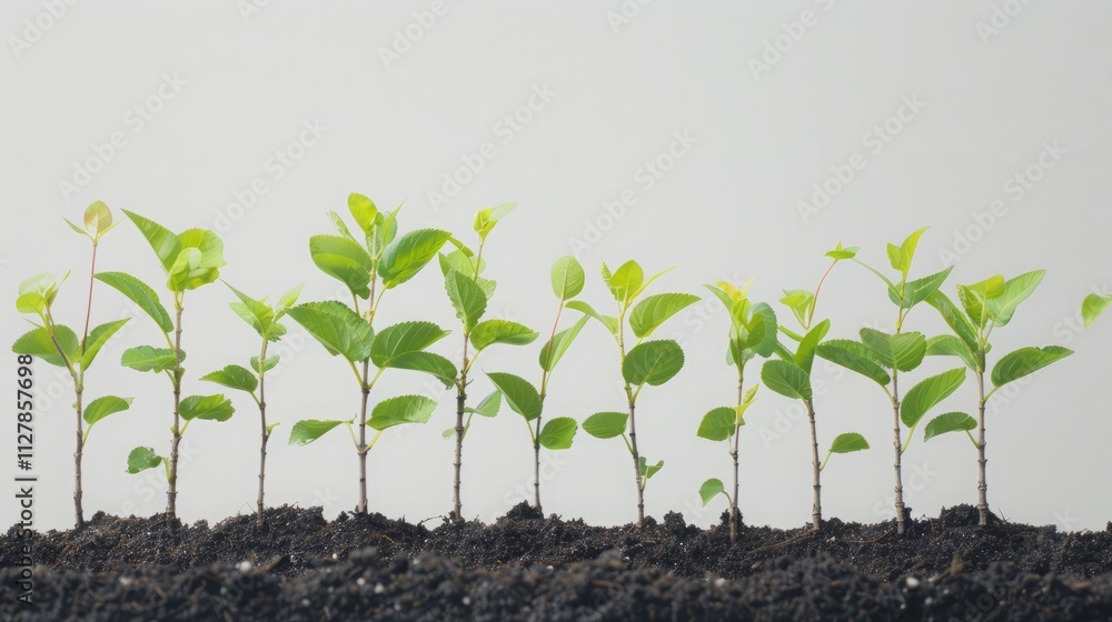 A Row of Young Green Saplings Emerging from Soil A Row of Young Green Saplings Emerging from Soil