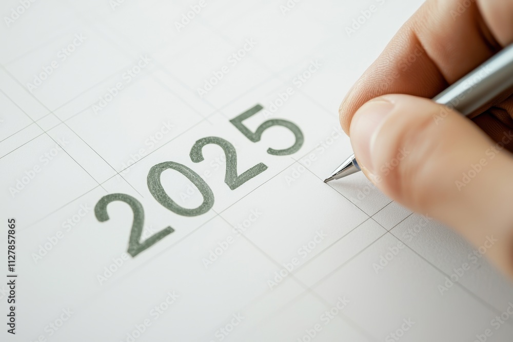 New year 2025 planning a closeup of a hand writing on a blank white calendar page in a bright and organized workspace for fresh beginnings and goal setting New year 2025 planning a closeup of a hand writing on a blank white calendar page in a bright and organized workspace for fresh beginnings and goal setting