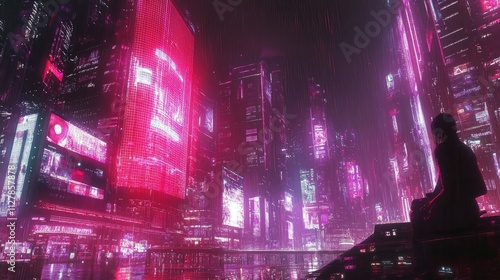 Futuristic Cityscape at Night with Neon Lights and Rain Effects