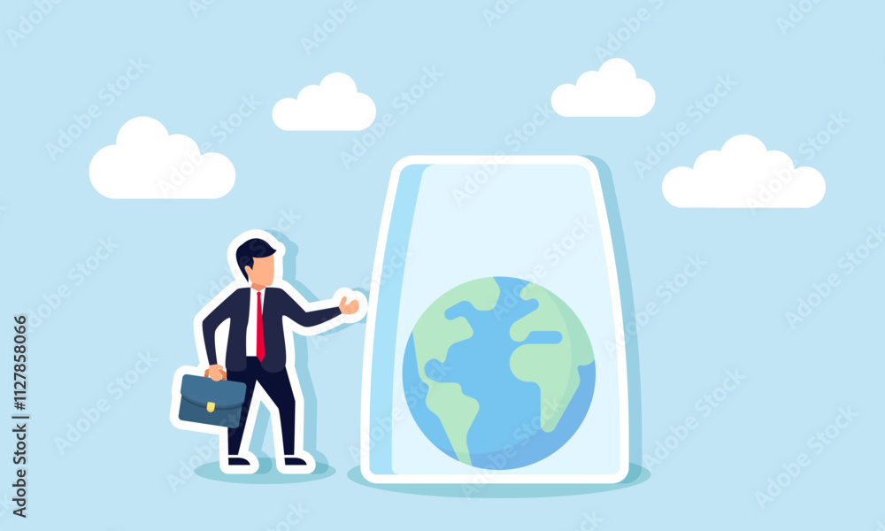 A businessman stands beside a glass jar containing a globe symbol, illustration of saving the earth from greed and exploitation by entrepreneurs A businessman stands beside a glass jar containing a globe symbol, illustration of saving the earth from greed and exploitation by entrepreneurs