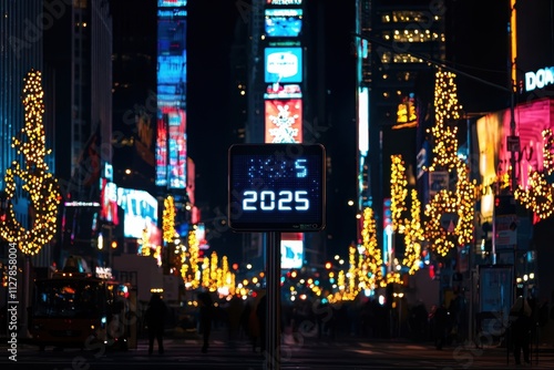 New year countdown celebration in times square new york digital clock display nighttime festivities vibrant city lights and atmosphere for welcoming 2025 photo