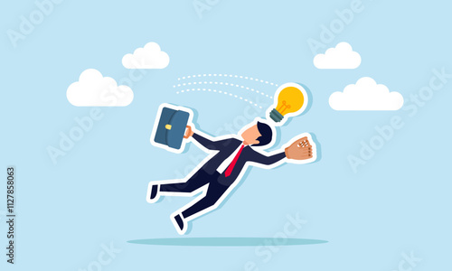A businessman tries to catch a thrown light bulb using a baseball glove, illustration of the effort to capture creativity, ideas, and business innovation