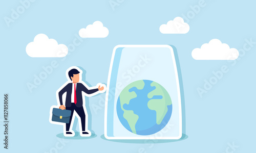 A businessman stands beside a glass jar containing a globe symbol, illustration of saving the earth from greed and exploitation by entrepreneurs