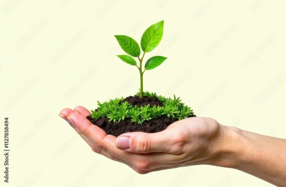 hand holding young plant on blur green nature background. concept eco earth day hand holding young plant on blur green nature background. concept eco earth day