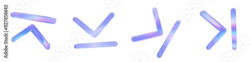 Set of 4 3d glass end arrow shape with aberration effect isolated on a transparent background. Blue tone. 3d transparent elements for graphic design.