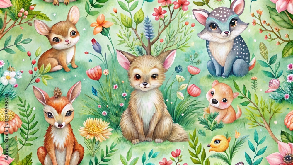 Obraz premium Cute watercolor animals create a seamless, enchanting wildlife landscape wallpaper pattern.