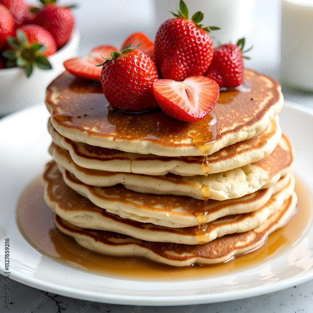 Stacked pancakes drizzled with syrup and topped with fresh strawberries for a delicious breakfast experience, photography of still life concept.