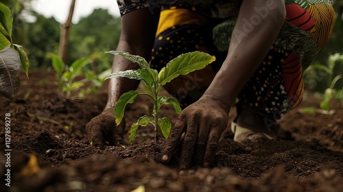Close-up of a woman's hands planting a sapling in rich soil.