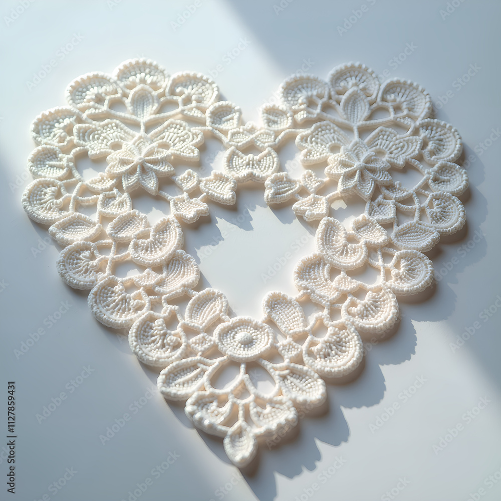 Obraz premium Intricate heart shaped crochet lace design with floral patterns and soft shadows, photography of still life concept.