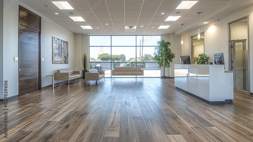 Modern Office Reception Area with Hardwood Floors and Large Windows Modern Office Reception Area with Hardwood Floors and Large Windows