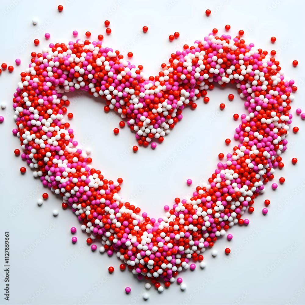 Obraz premium Colorful heart made of sweet sprinkles on white background for celebrating love and joyful moments, photography of still life concept.