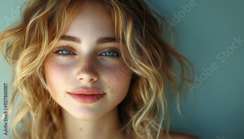 Smiling Young Woman with Wavy Blonde Hair Using Mobile Phone in Blue Background