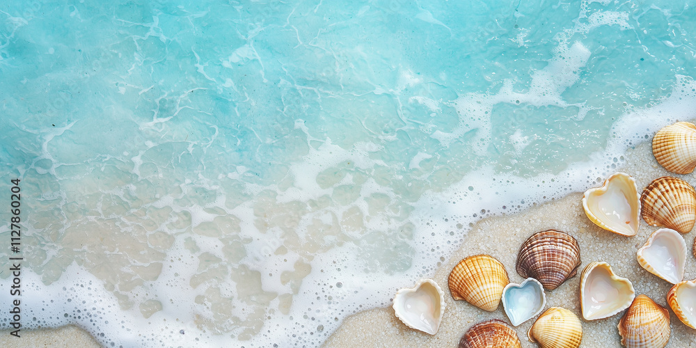 Delicate seashells with heart patterns on sandy beach near turquoise water, creating serene and romantic atmosphere. Perfect for coastal decor and nature lovers Delicate seashells with heart patterns on sandy beach near turquoise water, creating serene and romantic atmosphere. Perfect for coastal decor and nature lovers
