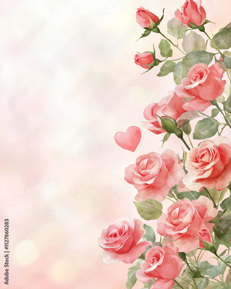 Delicate watercolor roses create romantic scene, featuring soft pink blooms and heart, perfect for Valentine Day or love themed designs Delicate watercolor roses create romantic scene, featuring soft pink blooms and heart, perfect for Valentine Day or love themed designs