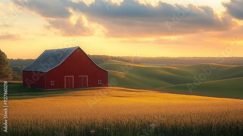 A peaceful rural landscape featuring a red barn in a cornfield at sunrise with a clear blue sky and rolling hills