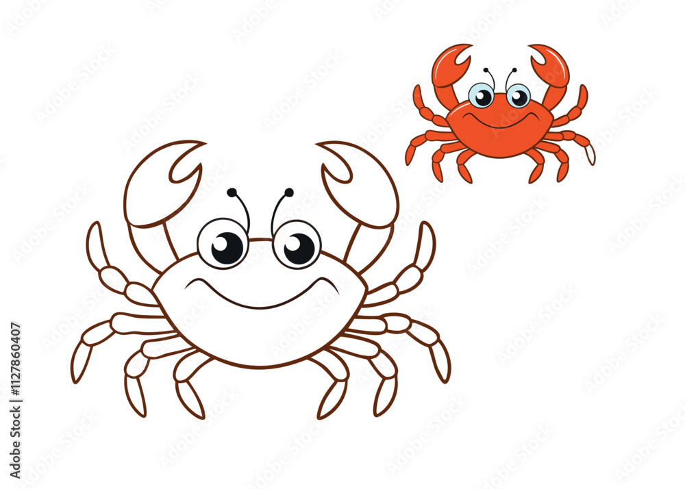Fototapeta premium A fun crab coloring page featuring a cheerful crab with big claws, a round shell, and playful eyes. Perfect for kids to explore creativity with vibrant colors!