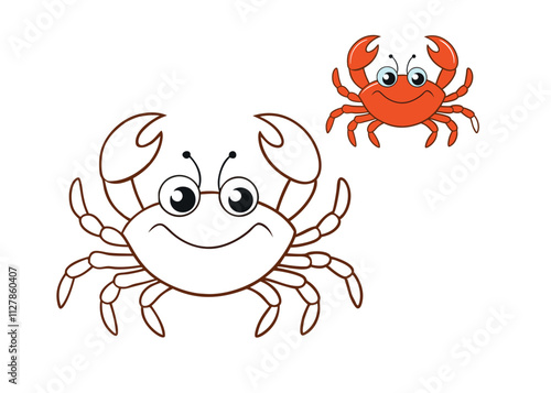 A fun crab coloring page featuring a cheerful crab with big claws, a round shell, and playful eyes. Perfect for kids to explore creativity with vibrant colors!