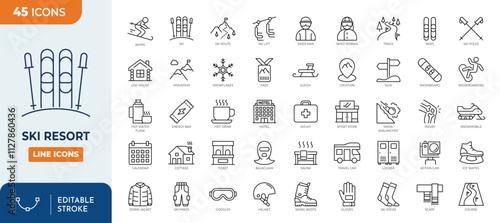 Ski resort line editable icon set. Ski Resort icon set contain ski area and winter sport. Vector illustration photo