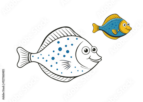 "Printable flounder fish coloring page featuring a flat, oval-shaped fish with distinct fins and spots. Perfect for kids to enjoy and add their creative touch!"