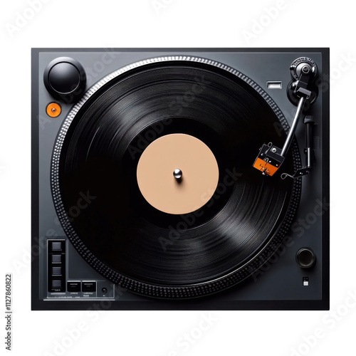 Vintage turntable with record player and tonearm on a transparent background highlighting retro audio technology and analog music experience photo