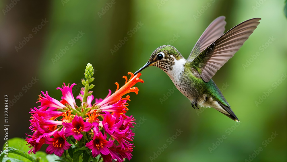 Fototapeta premium Hummingbird feeding on vibrant flower during sunny day in tropical garden