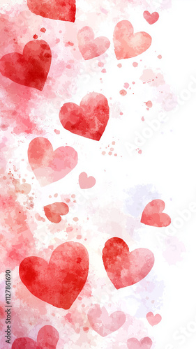 Vibrant watercolor illustration featuring red hearts and splashes, perfect for Valentine Day. This artwork evokes love and joy, ideal for romantic themes