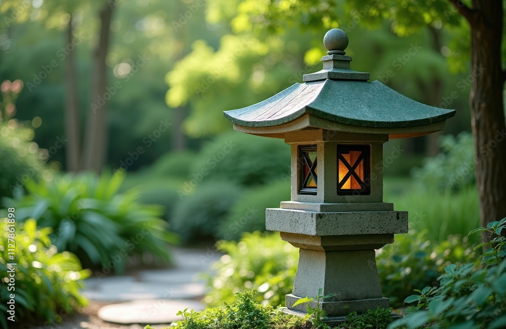 Stone lantern with green roof in garden. Peaceful scene in zen garden. Light shines from inside lantern. Tranquil garden setting. Nature photography. Outdoor decor. Japanese garden style. Calm Stone lantern with green roof in garden. Peaceful scene in zen garden. Light shines from inside lantern. Tranquil garden setting. Nature photography. Outdoor decor. Japanese garden style. Calm