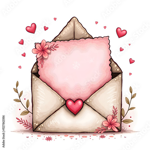 Charming envelope with floral accents and heart illustrations for romantic expressions, digital art of illustration concept.