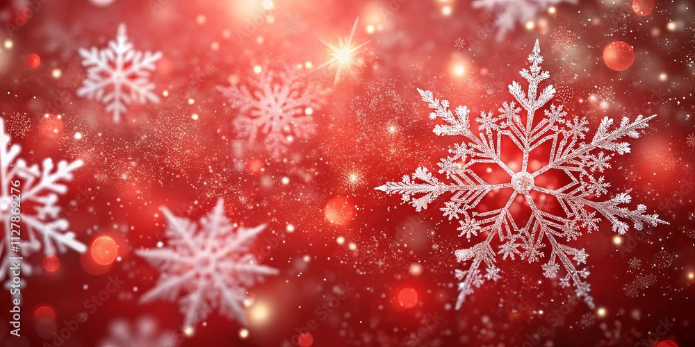 Red Festive Background with Sparkling Snowflakes and Glimmering Lights Red Festive Background with Sparkling Snowflakes and Glimmering Lights