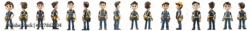 electrician character from different angles  - 3d Set on transparent background PNG file	