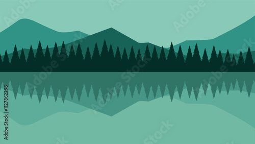 Landscape illustration of mountain with lake and coniferous trees