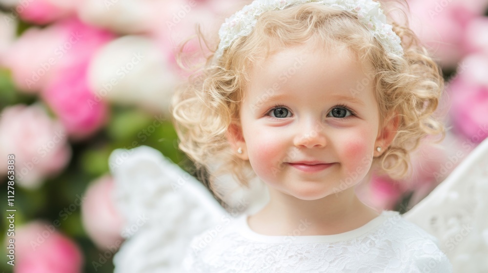 A joyful little girl with curly hair and angel wings smiles warmly amid blooming roses, creating a magical garden atmosphere A joyful little girl with curly hair and angel wings smiles warmly amid blooming roses, creating a magical garden atmosphere