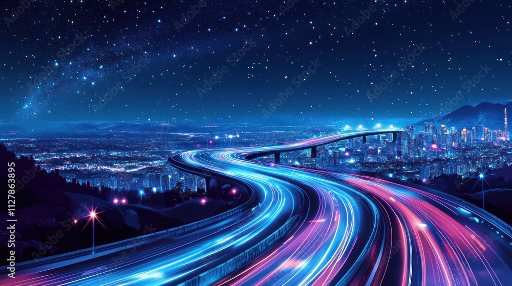 Night view of a winding highway through city lights, light trails from cars, clear starry sky, Night view of a winding highway through city lights, light trails from cars, clear starry sky,
