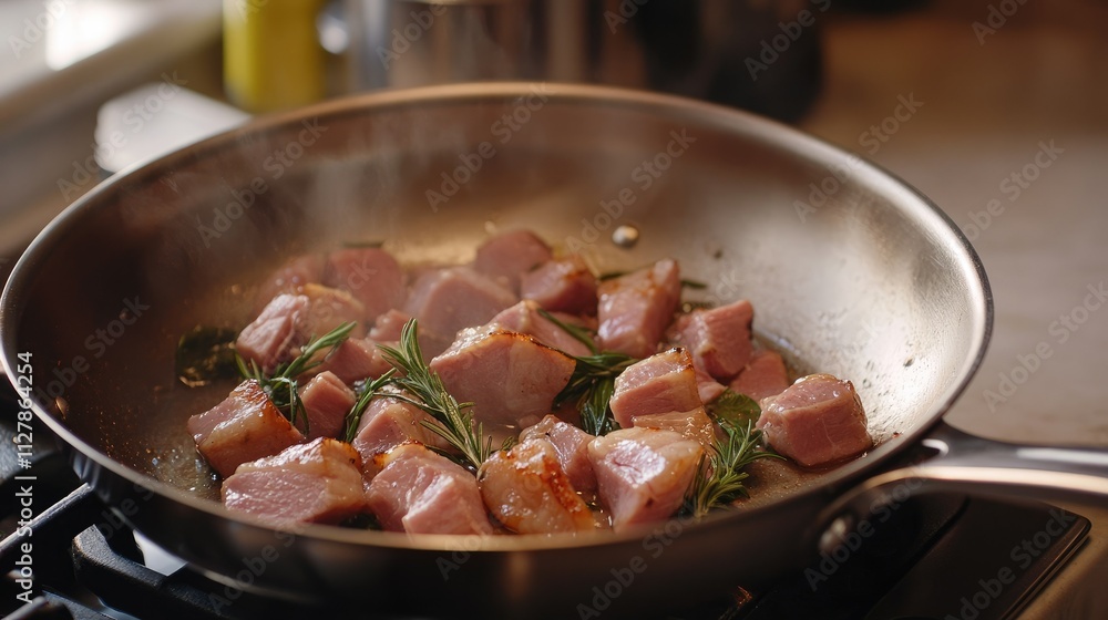 Fresh Herbs and Pork Cooking in Frying Pan on Modern Stove Fresh Herbs and Pork Cooking in Frying Pan on Modern Stove