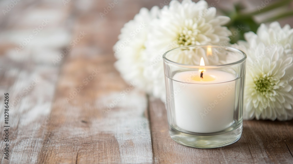 A blank card is placed alongside lit candles and fresh white flowers, creating a serene and inviting atmosphere on a wooden table A blank card is placed alongside lit candles and fresh white flowers, creating a serene and inviting atmosphere on a wooden table