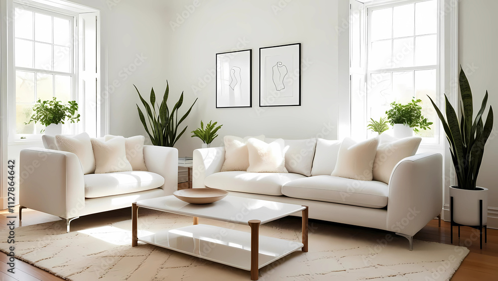 A bright, minimalist living room featuring a white sofa, armchair, and coffee table, accented by potted plants and simple artwork. A bright, minimalist living room featuring a white sofa, armchair, and coffee table, accented by potted plants and simple artwork.