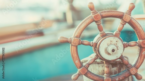 Close-up of a classic wooden ship wheel on a boat, evoking a nautical theme and vintage maritime charm. photo