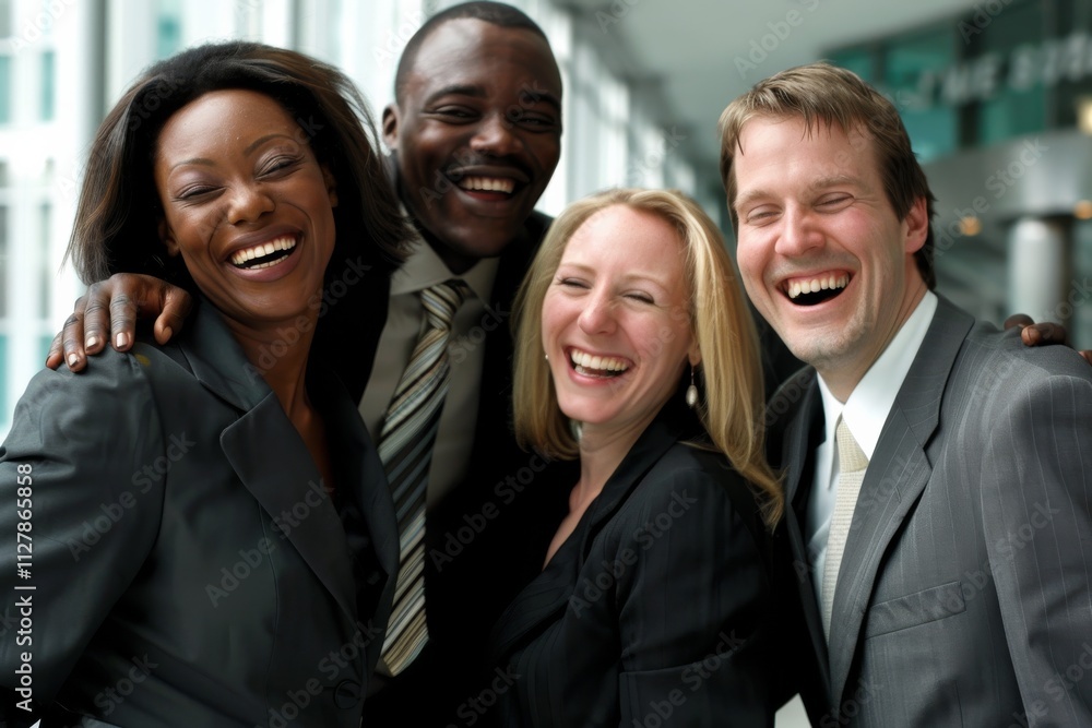 Group of happy business people laughing and looking at camera in office. Group of happy business people laughing and looking at camera in office.