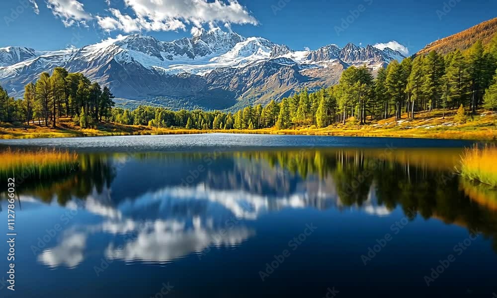 Serene mountain landscape with a reflective lake and lush greenery.