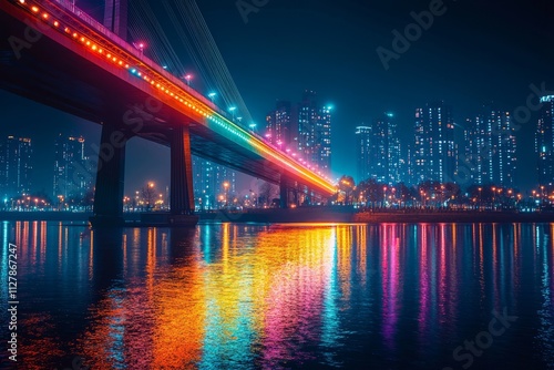 A city bridge illuminated with colorful lights, stretching over a river at night, the lights reflect in the water, Generative AI