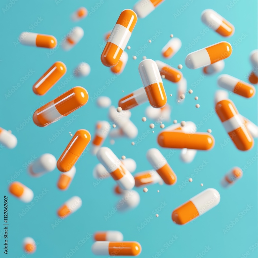 3D Render of Falling Orange and White Pills in Blue Background 3D Render of Falling Orange and White Pills in Blue Background