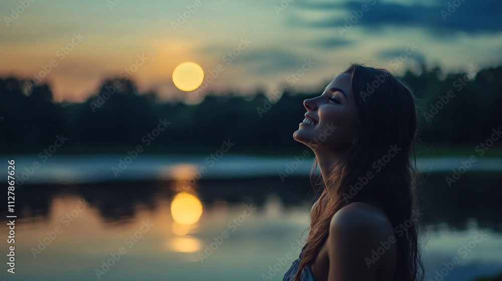 Serene Woman Enjoys Sunset Reflection by a Calm Lake Surrounded by Nature's Beauty, Embracing Peaceful Moments at Dusk Serene Woman Enjoys Sunset Reflection by a Calm Lake Surrounded by Nature's Beauty, Embracing Peaceful Moments at Dusk