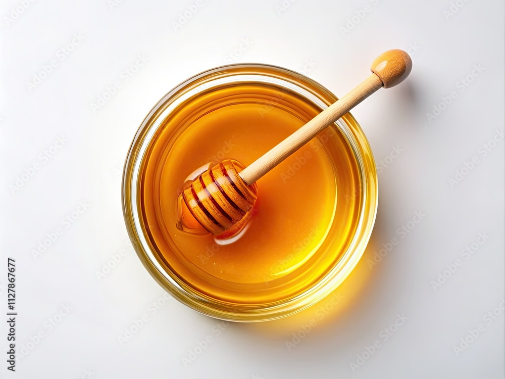 A clear glass bowl overflows with sweet, golden honey; pure simplicity.