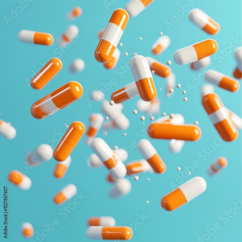 3D Render of Falling Orange and White Pills in Blue Background