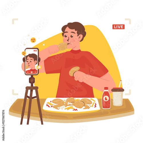 Food vlogger eating fried chicken with live broadcast vector illustration